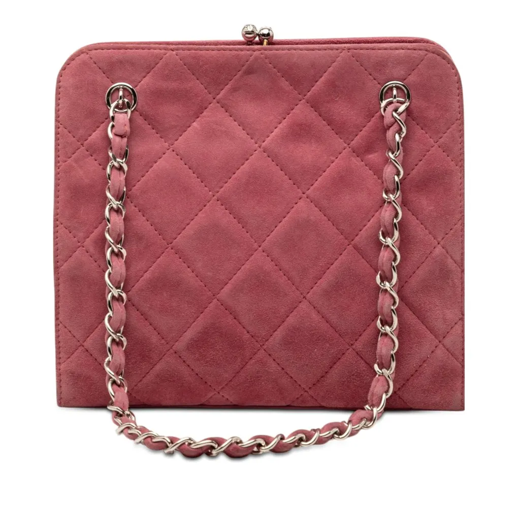 Chanel CC Quilted Suede Kiss Lock Handbag Pink Leather Very good - Front View