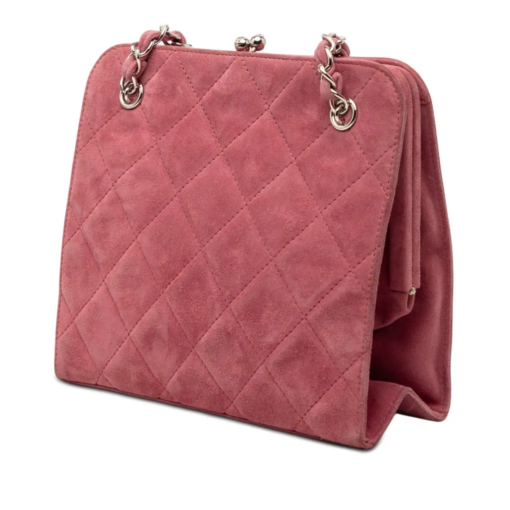 Chanel CC Quilted Suede Kiss Lock Handbag Pink Leather Very good - Back View