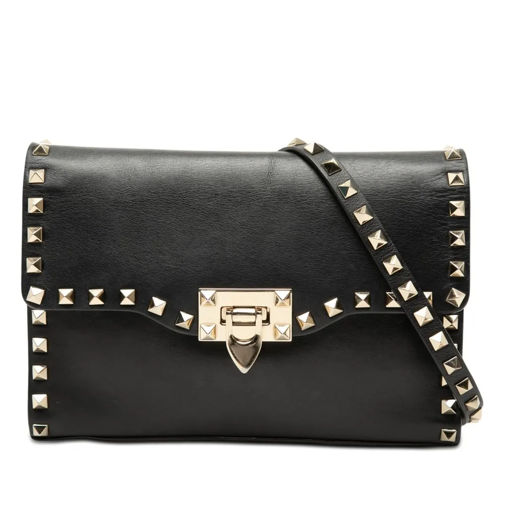 Valentino Small Leather Rockstud Flap Crossbody Black Leather Very good - Front View