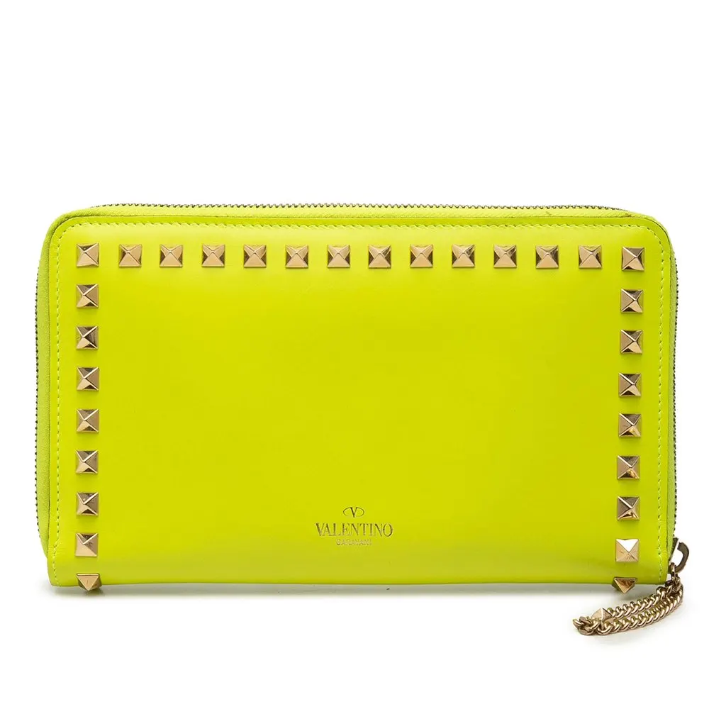 Valentino Leather Rockstud Zip Around Wallet Yellow Leather Very good - Front View