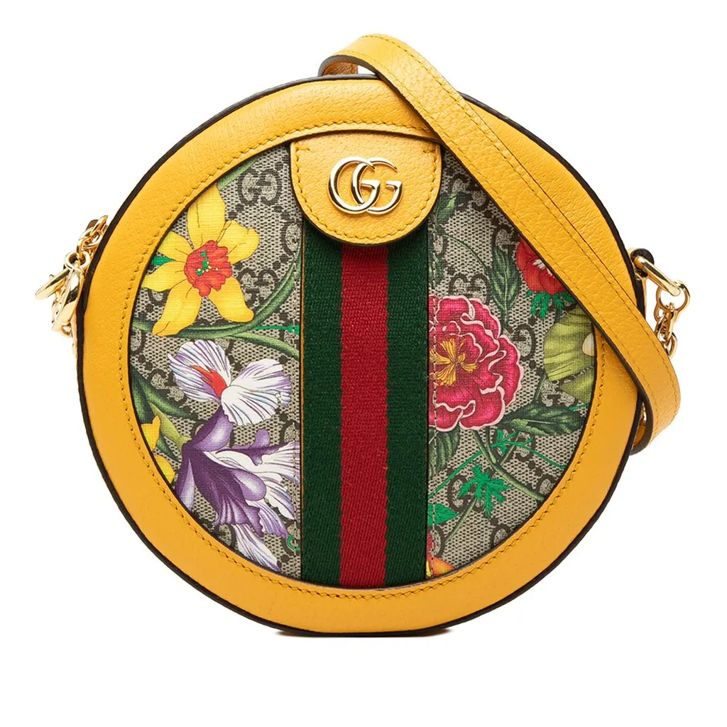 Gucci Mini GG Supreme Flora Web Ophidia Round Crossbody Beige Very good - Front View