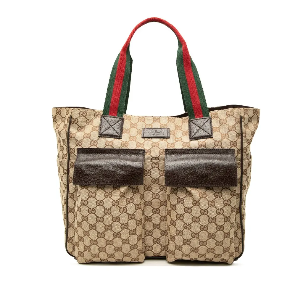 Gucci GG Canvas Web Double Pockets Tote Beige Canvas Very good - Front View