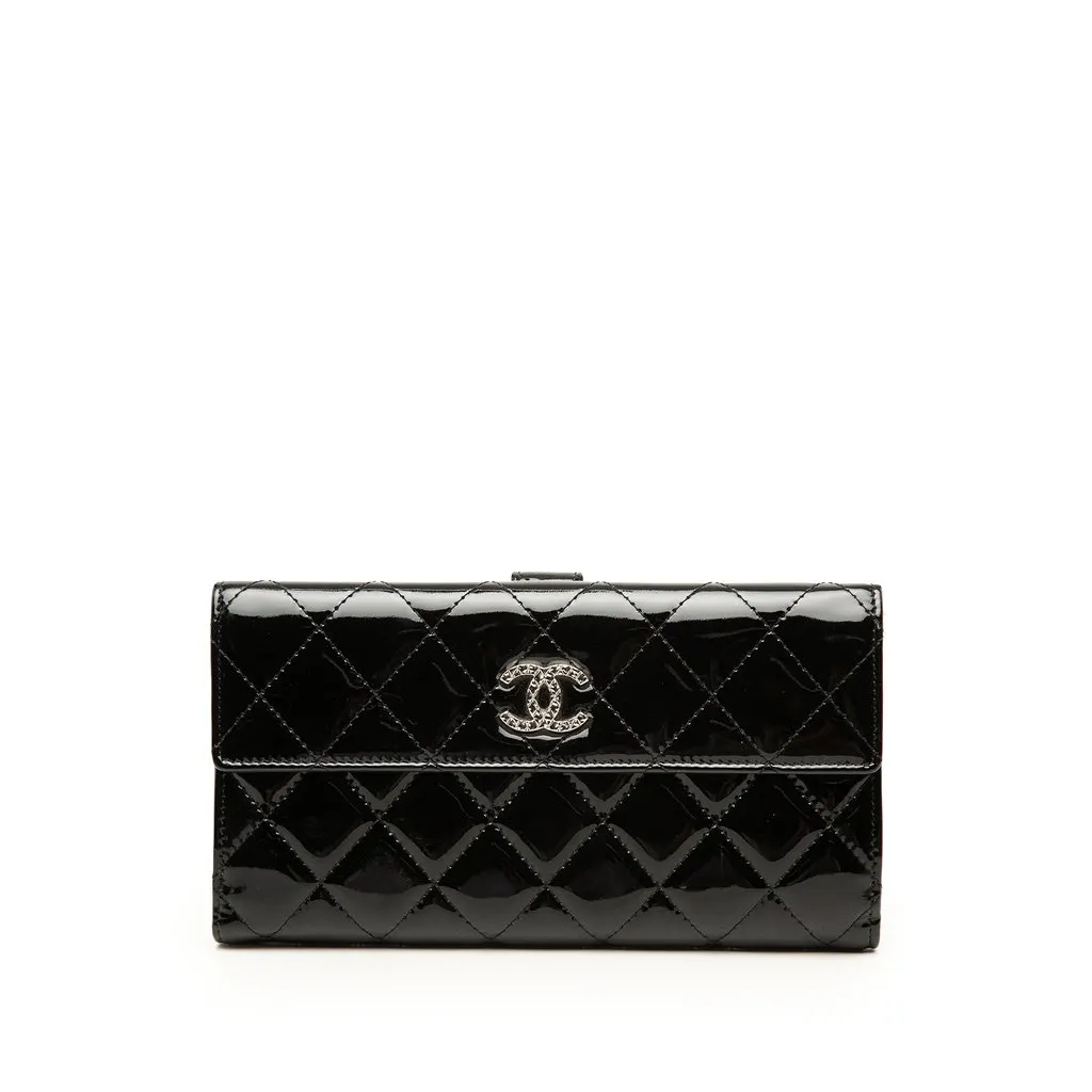 Chanel CC Quilted Patent Brilliant Continental Wallet Black Leather Very good - Front View