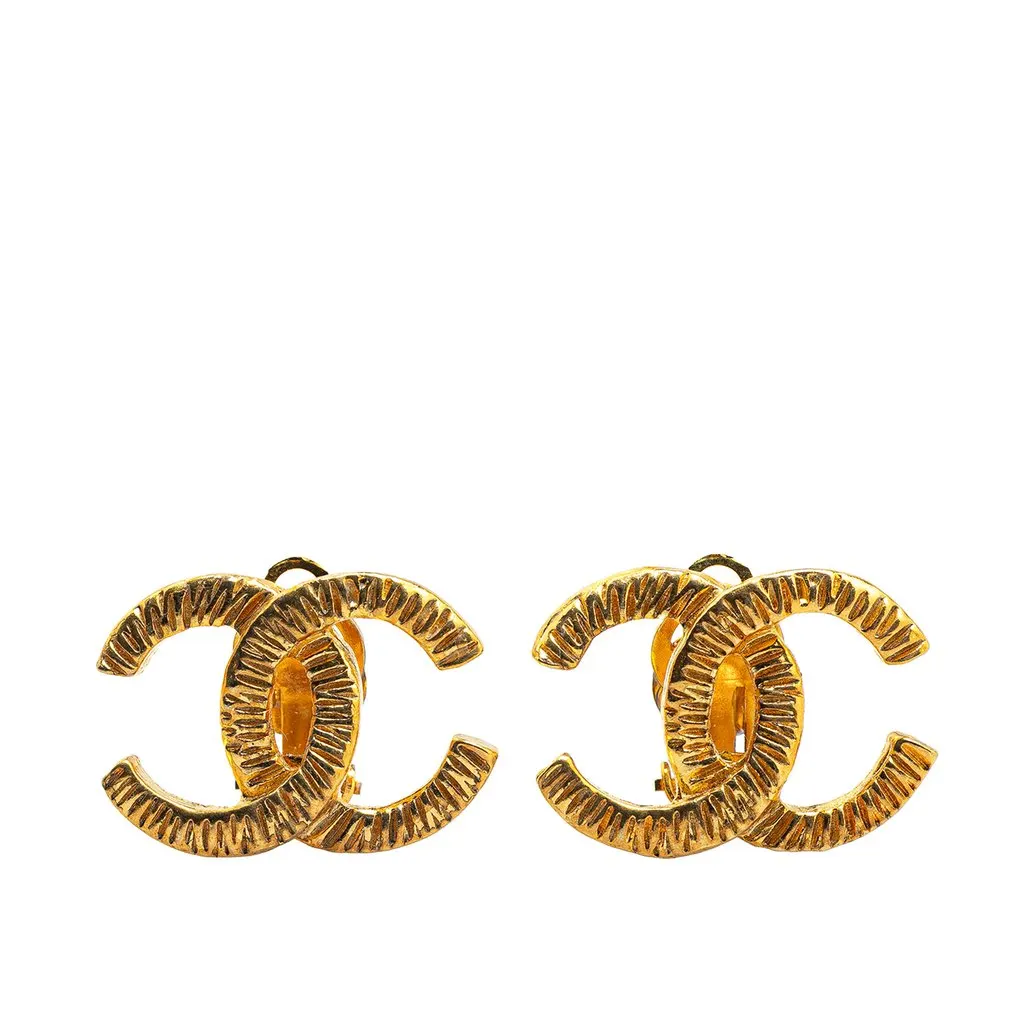 Chanel Gold Plated CC Clip On Earrings Gold Metal Good - Front View