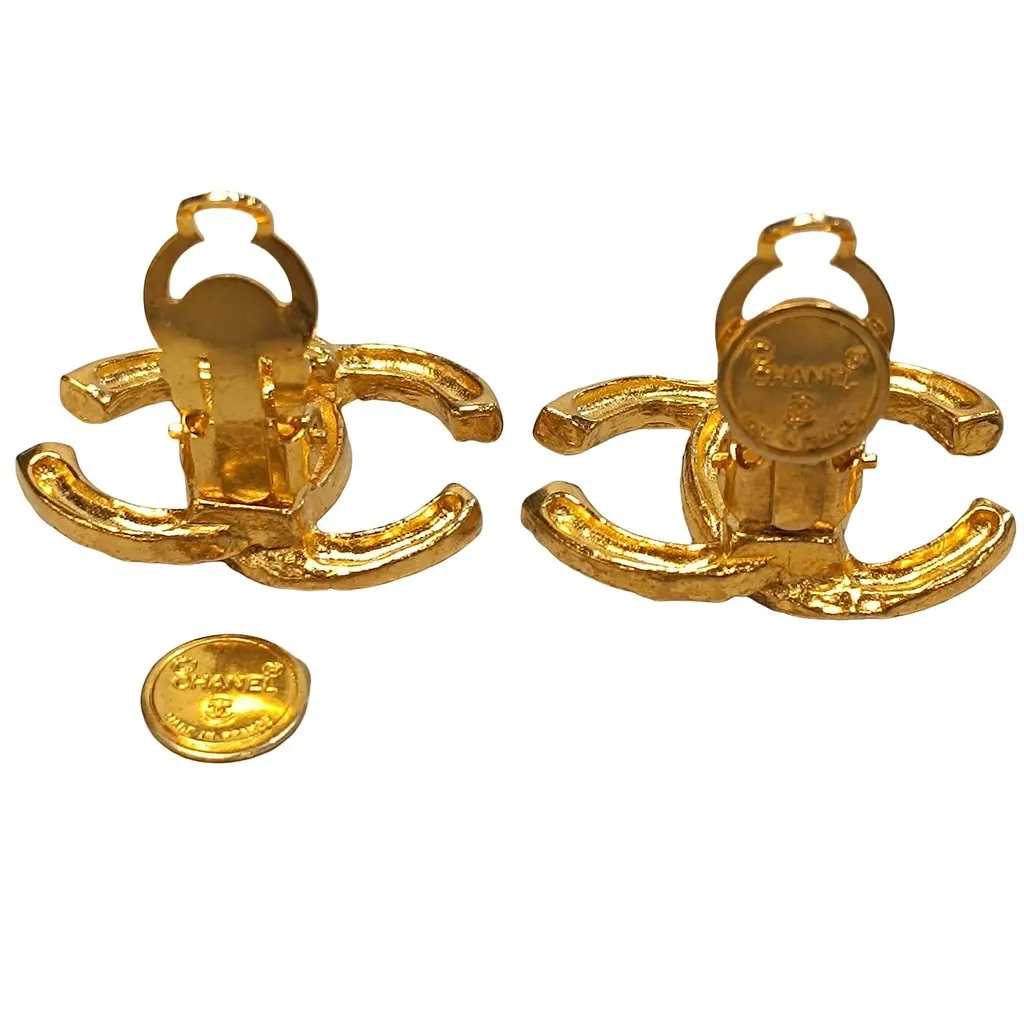 Chanel Gold Plated CC Clip On Earrings Gold Metal Good - Model View