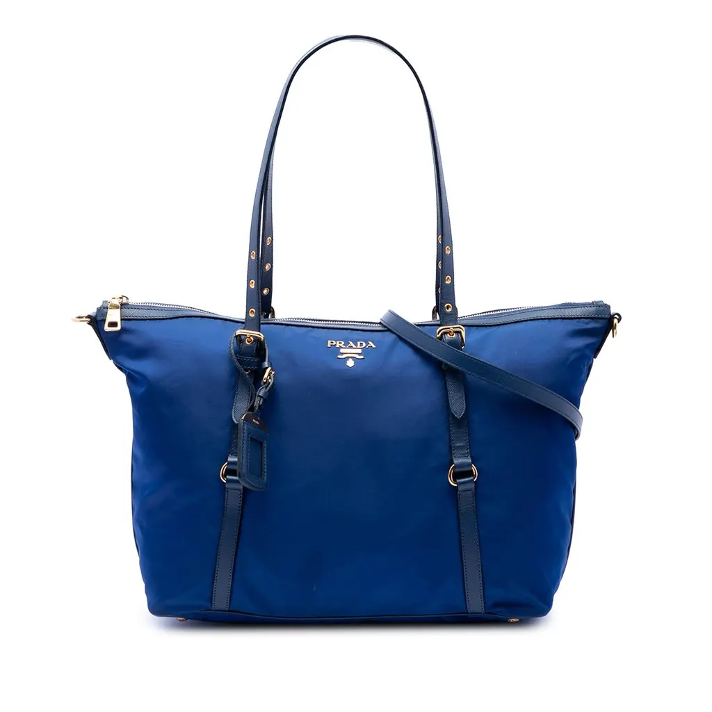 Prada Saffiano Trimmed Tessuto Zip Top Convertible Tote Blue Very good - Front View