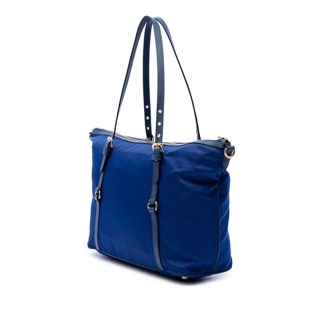 Prada Saffiano Trimmed Tessuto Zip Top Convertible Tote Blue Very good - Back View