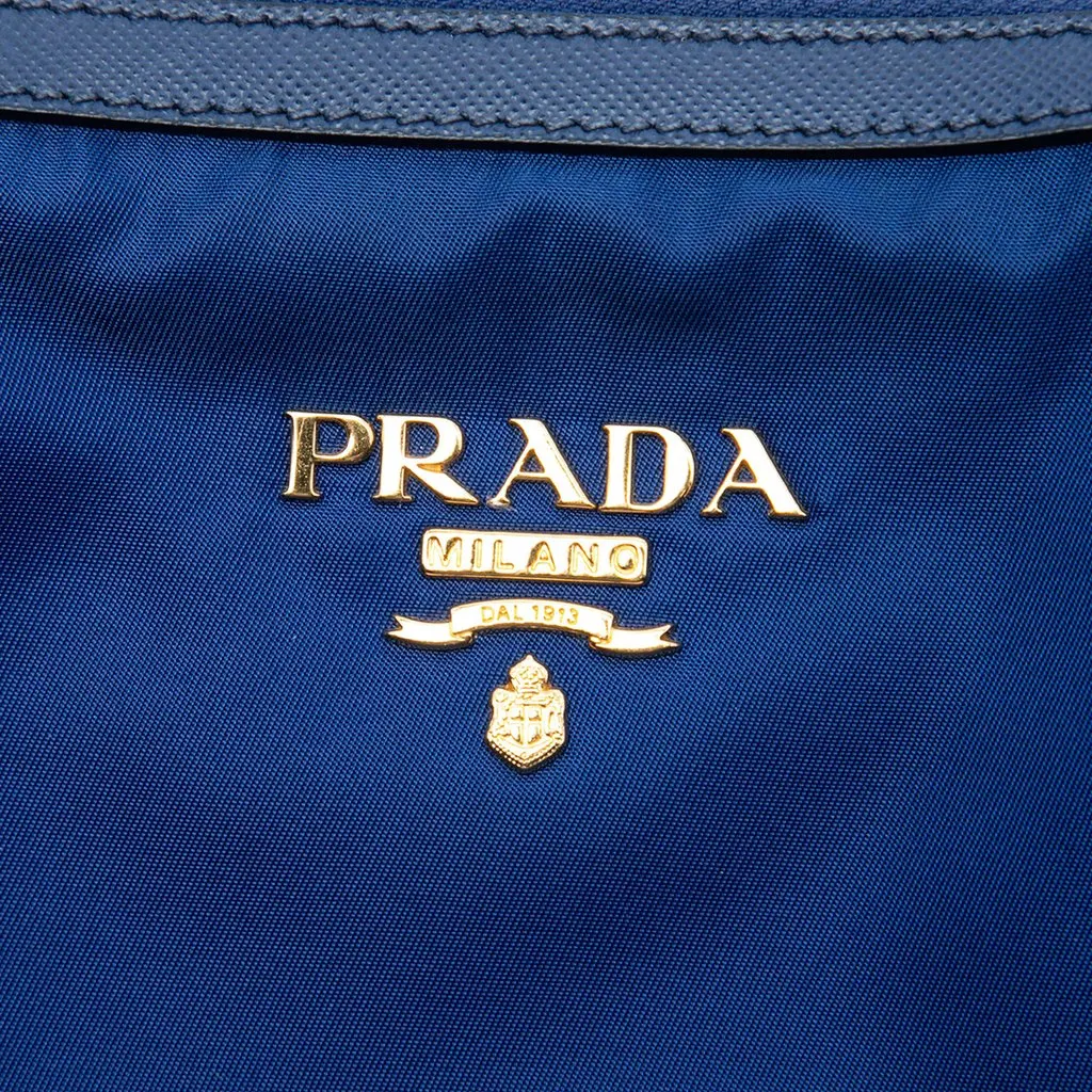 Prada Saffiano Trimmed Tessuto Zip Top Convertible Tote Blue Very good - Box View