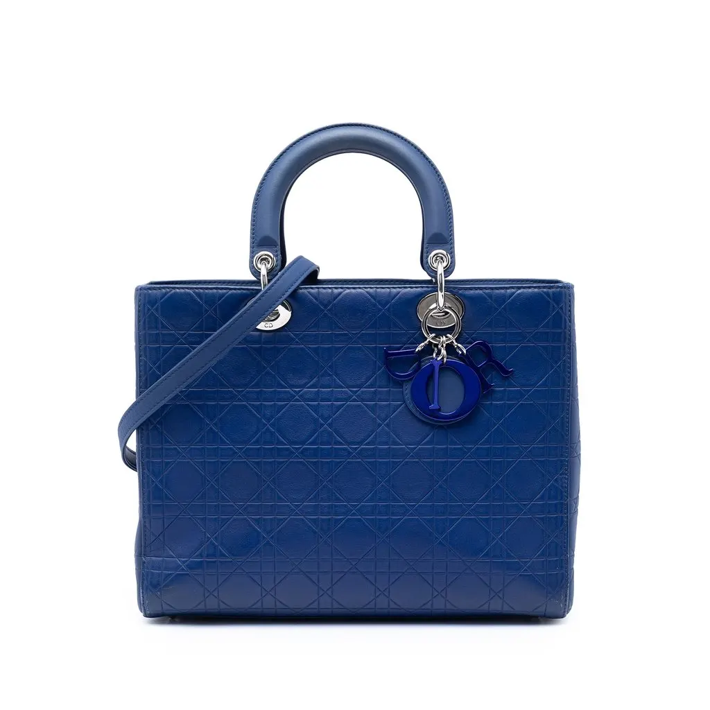Dior Large Ultra Matte Calfskin Cannage Embossed Lady Dior Blue Leather Very good - Front View
