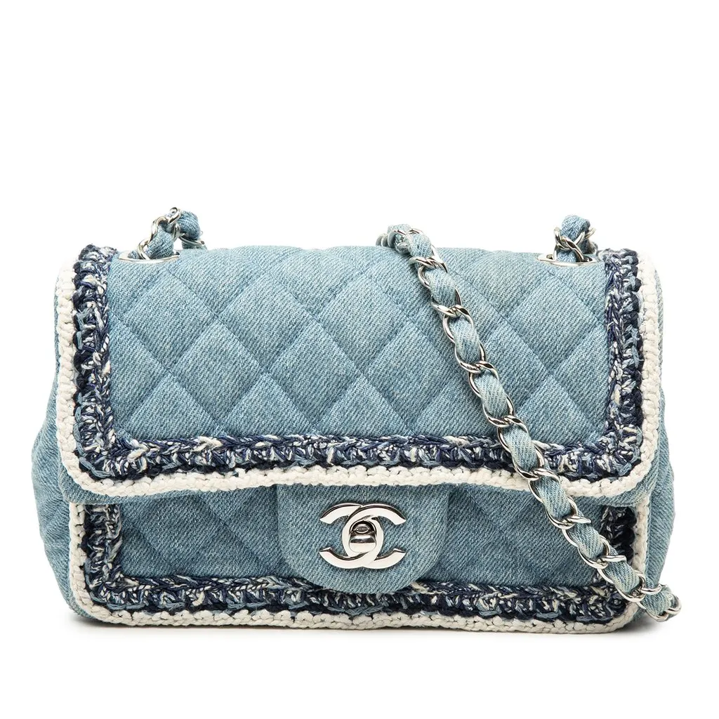 Chanel Mini Rectangular Classic Denim Braided Single Flap Blue Very good - Front View