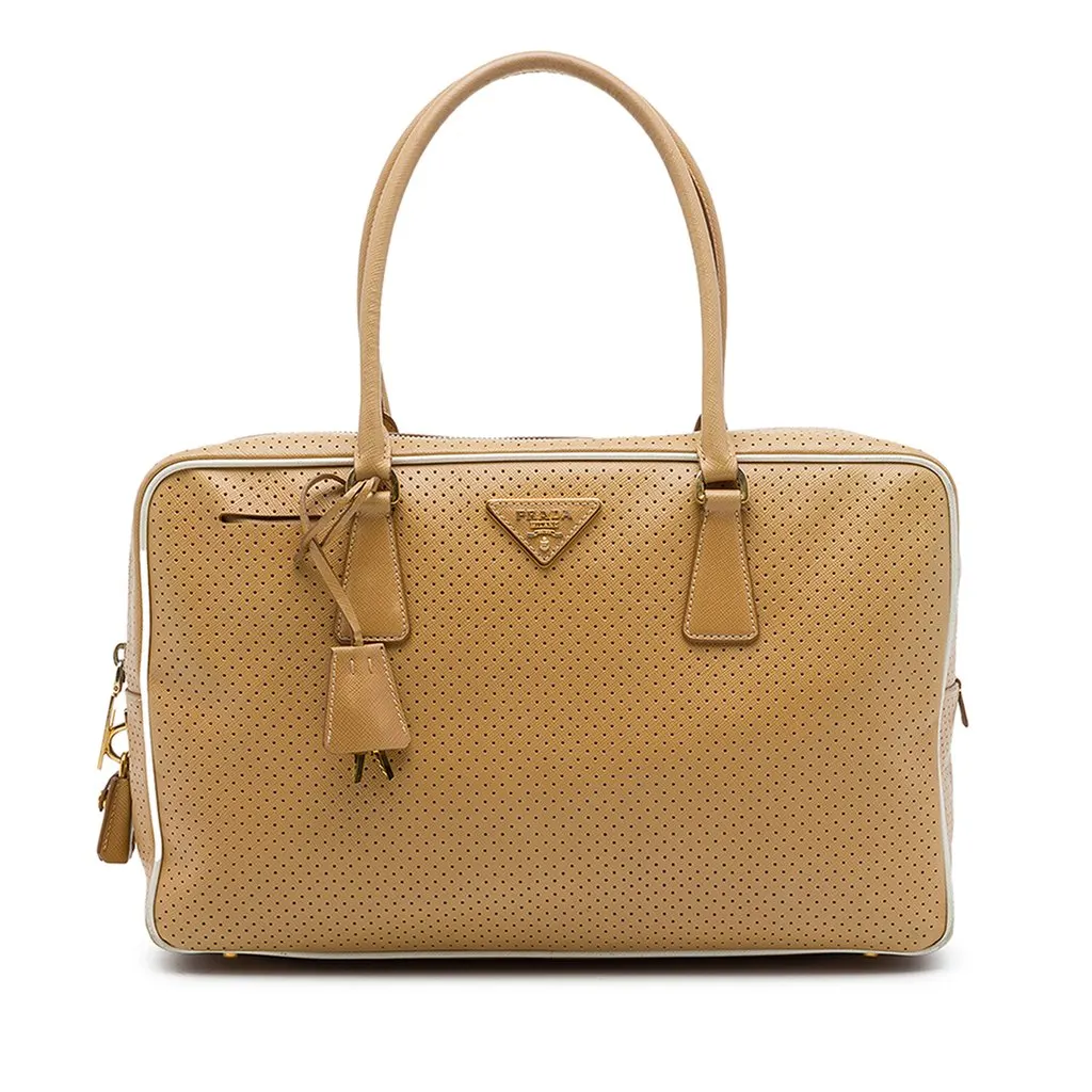 Prada Perforated Saffiano Lux Bauletto Top Handle Bag Brown Leather Good - Front View