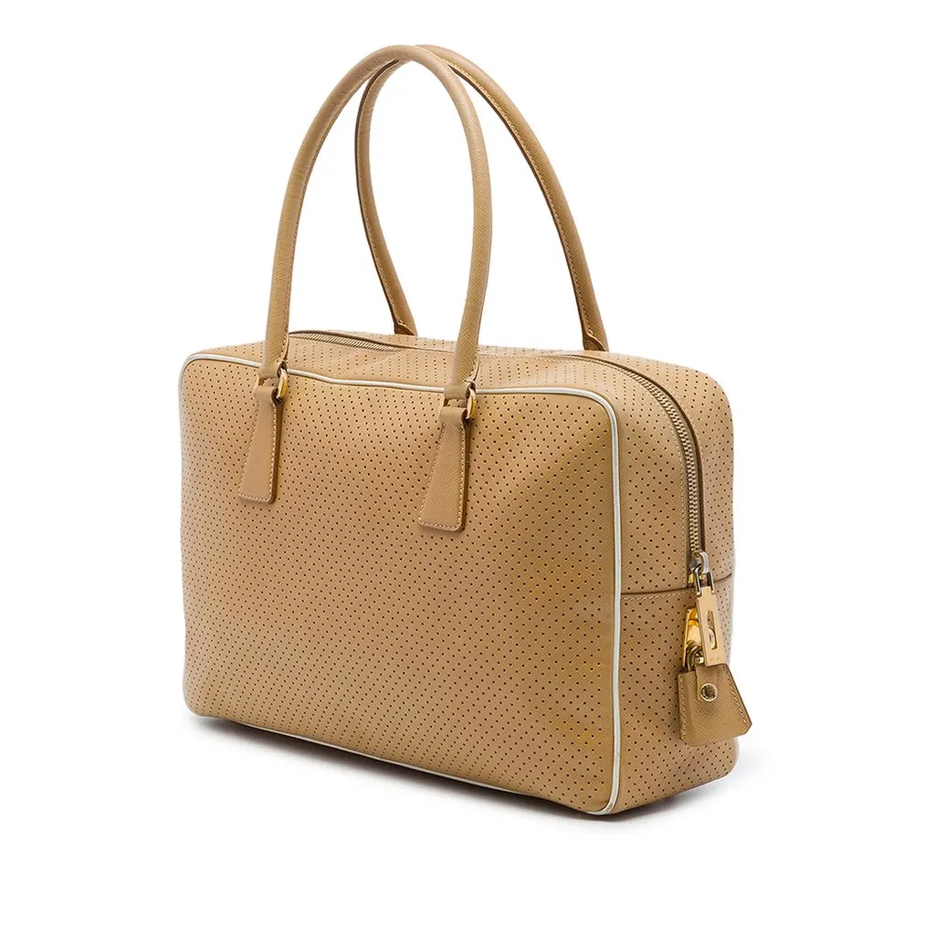 Prada Perforated Saffiano Lux Bauletto Top Handle Bag Brown Leather Good - Back View