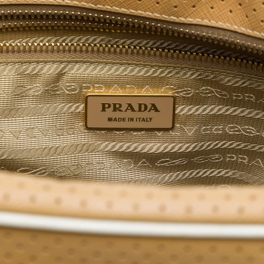 Prada Perforated Saffiano Lux Bauletto Top Handle Bag Brown Leather Good - Box View