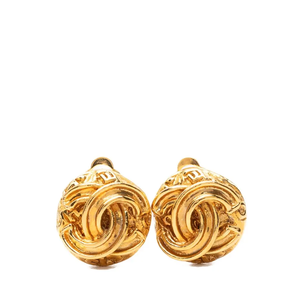 Chanel CC Gold Plated Button Clip On Earrings Gold Metal Very good - Front View