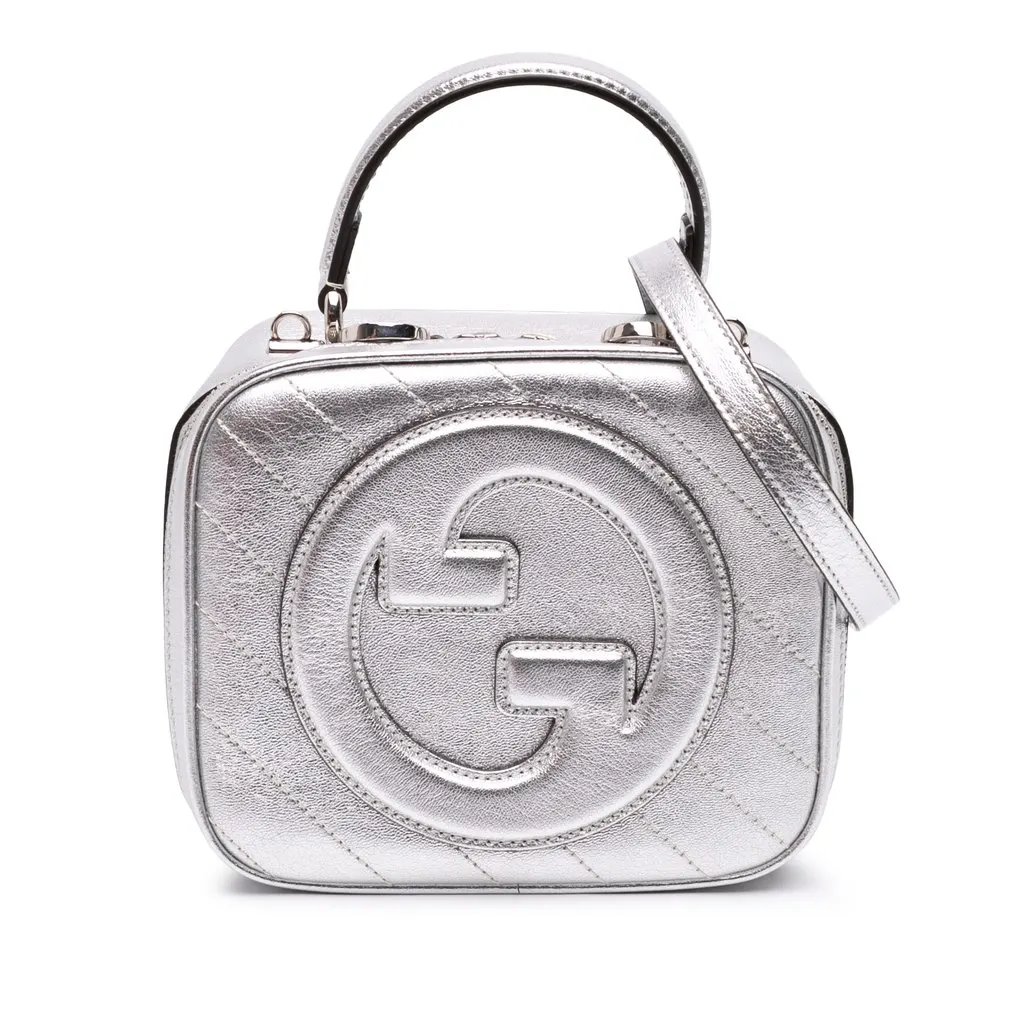 Gucci Matelasse Metallic Calfskin Blondie Top Handle Satchel Silver Leather Good - Front View