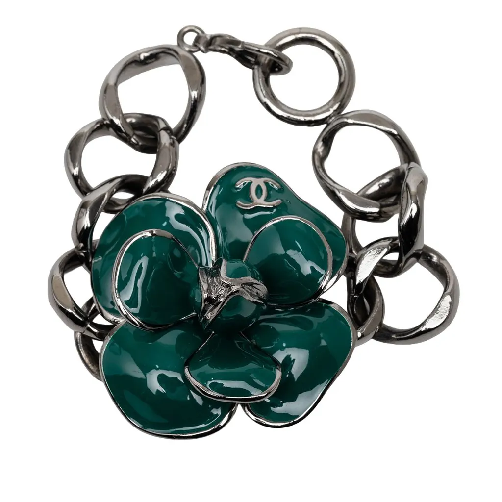 Chanel CC Brass Ruthenium and Enamel Camellia Chain Bracelet Black Metal Very good - Front View