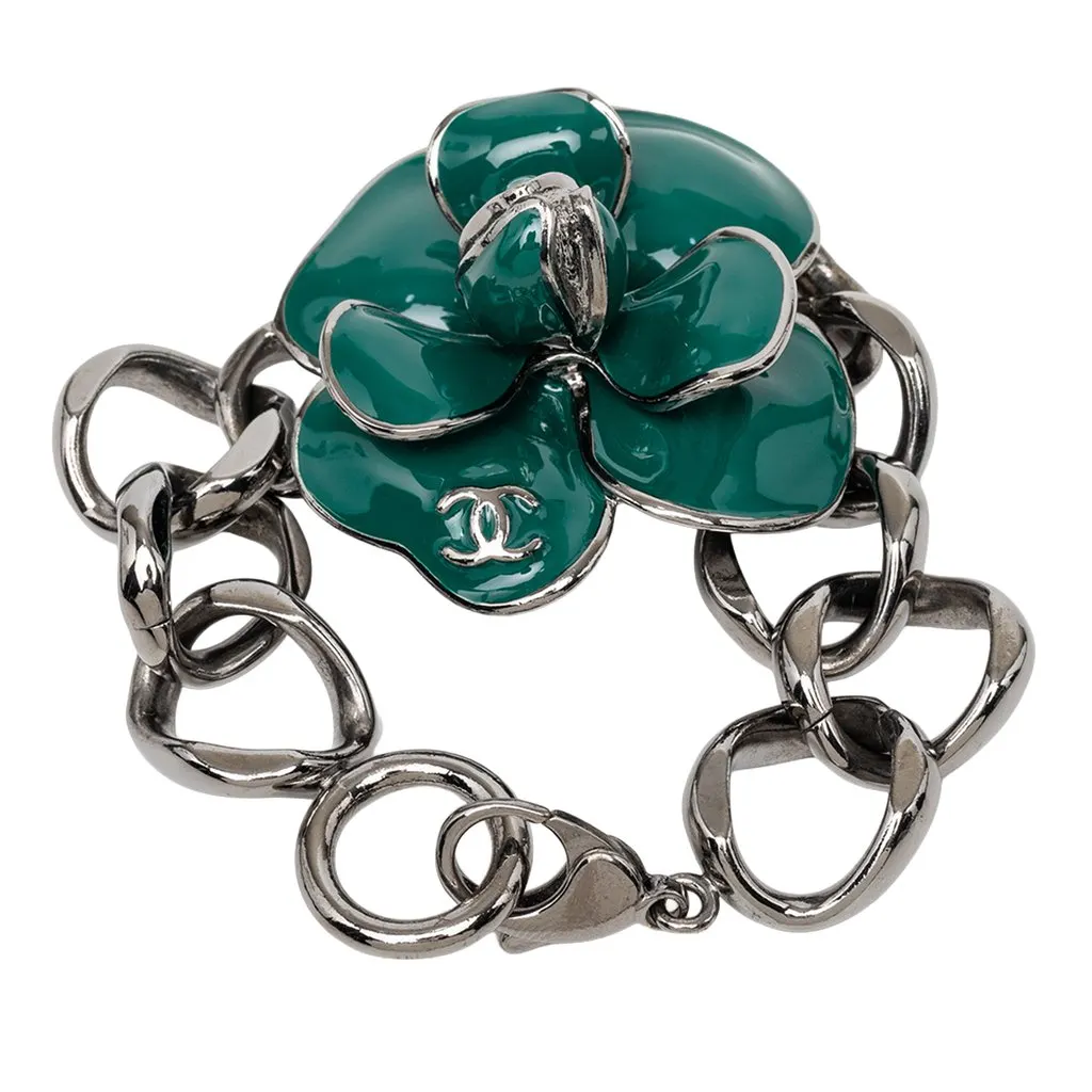 Chanel CC Brass Ruthenium and Enamel Camellia Chain Bracelet Black Metal Very good - Model View
