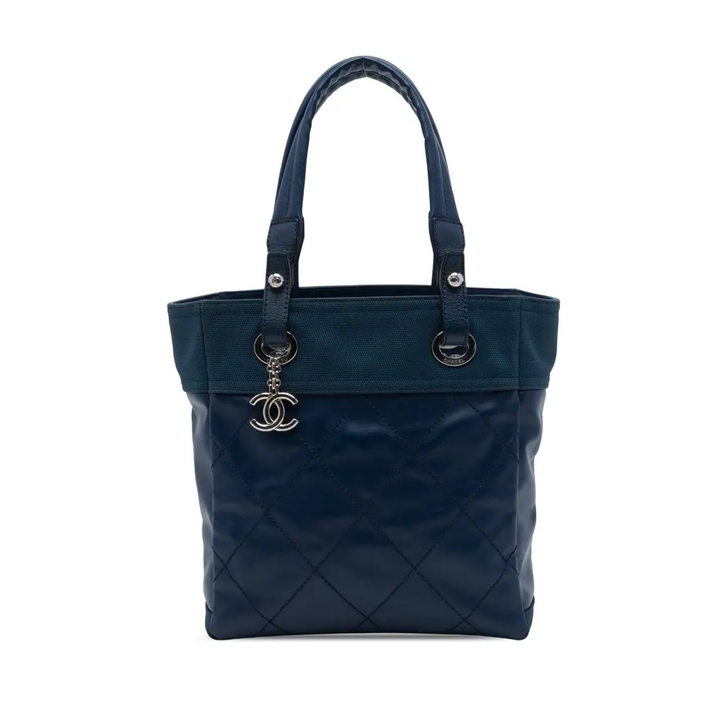 Chanel Small Quilted Coated Canvas Paris Biarritz Tote Blue Canvas Very good - Front View