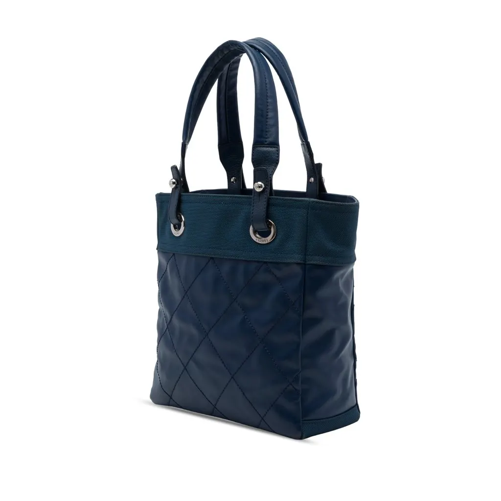Chanel Small Quilted Coated Canvas Paris Biarritz Tote Blue Canvas Very good - Back View