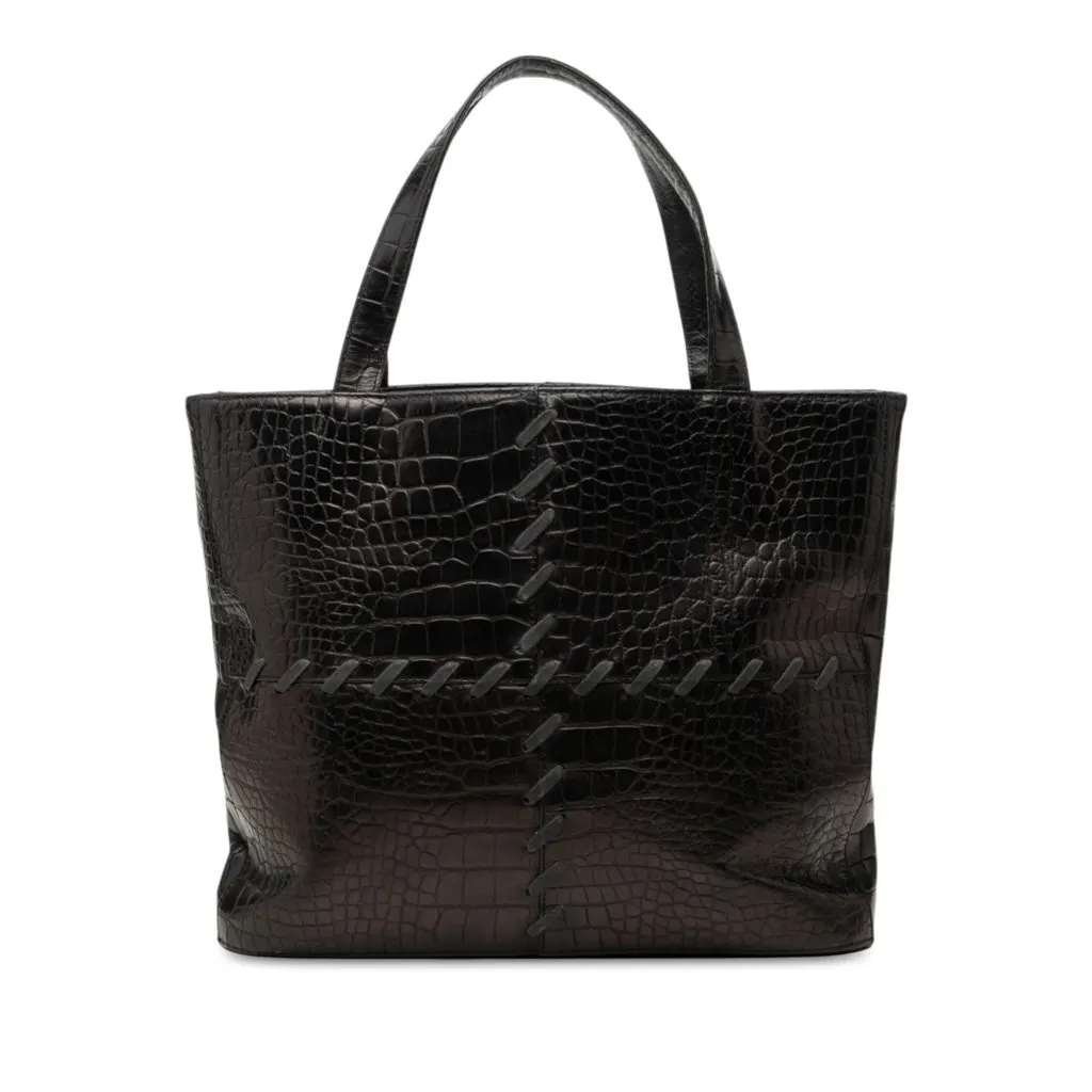 Saint Laurent Croc Embossed Leather Tote Black Leather Very good - Front View