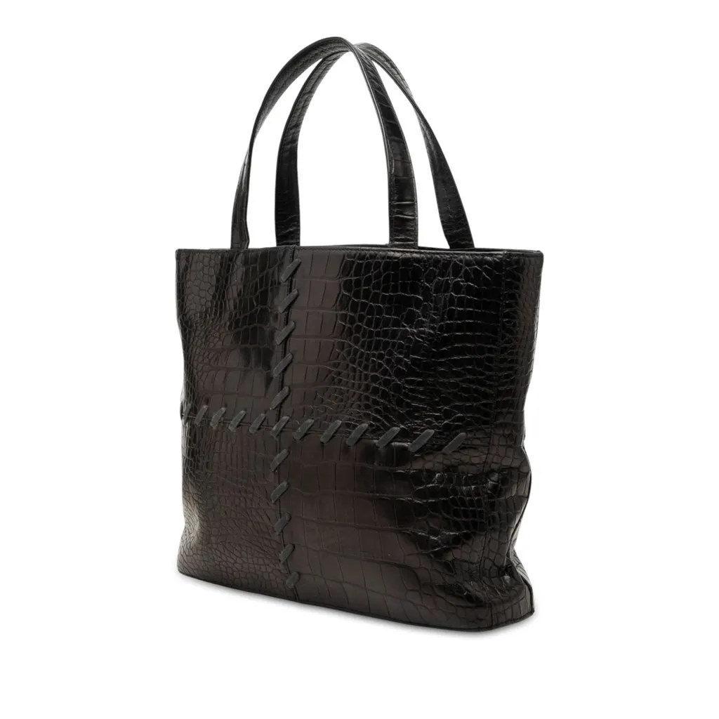 Saint Laurent Croc Embossed Leather Tote Black Leather Very good - Back View
