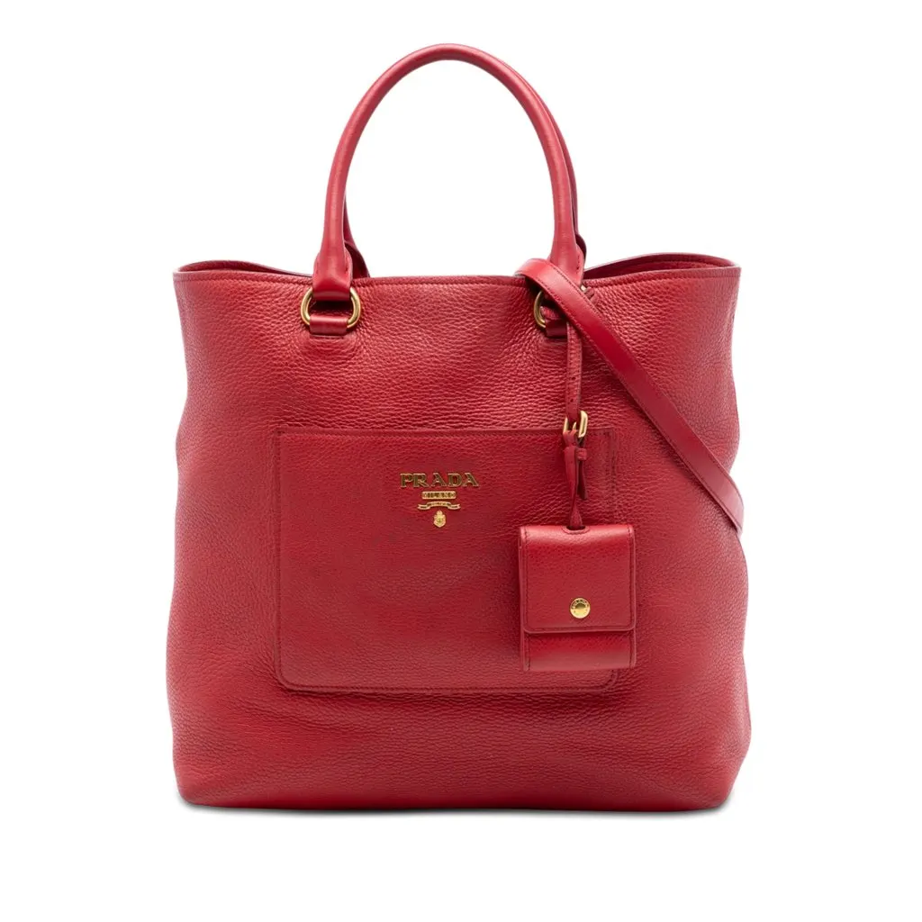 Prada Vitello Daino Front Pocket Convertible Tote Red Leather Very good - Front View