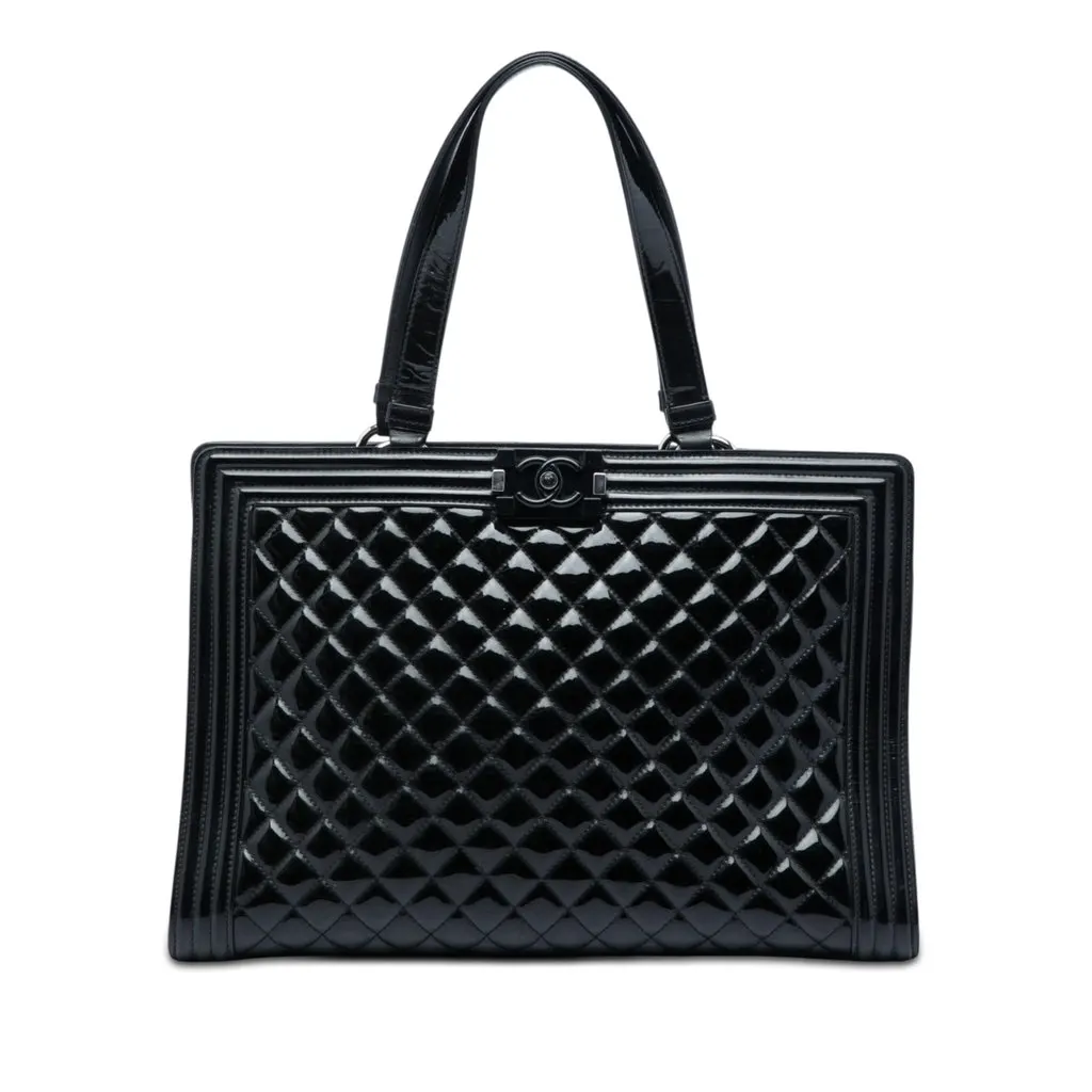 Chanel Large Quilted Patent Boy Shopping Tote Black Leather Very good - Front View