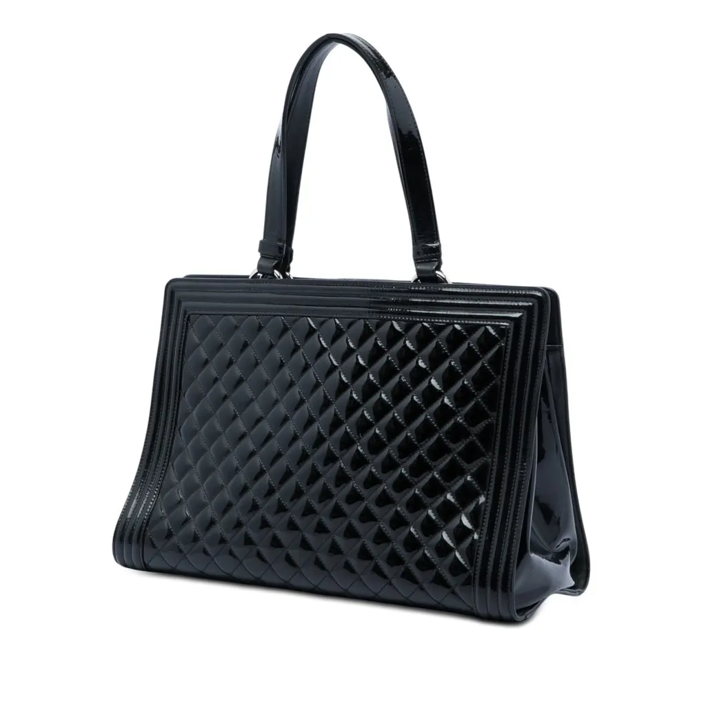 Chanel Large Quilted Patent Boy Shopping Tote Black Leather Very good - Back View