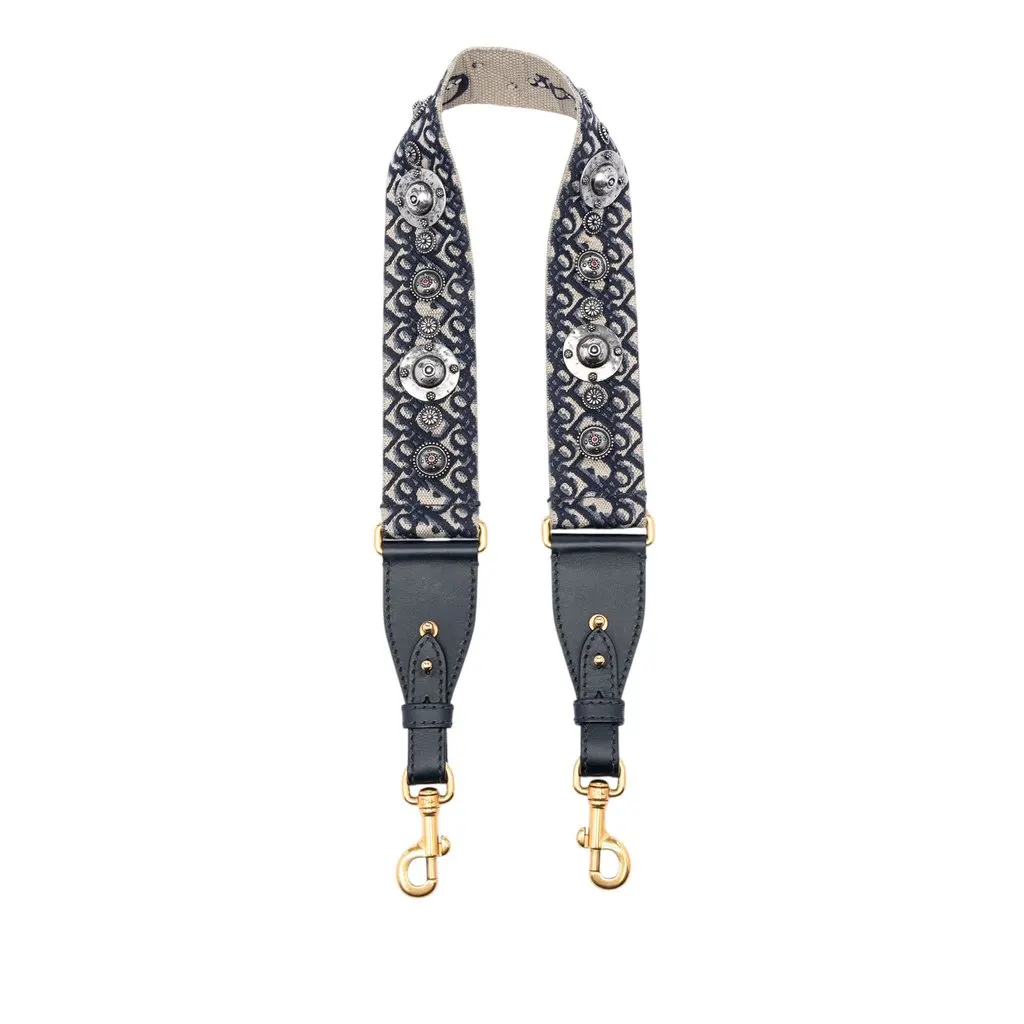 Dior Oblique Embroidered Canvas Studded Shoulder Strap Blue Very good - Front View