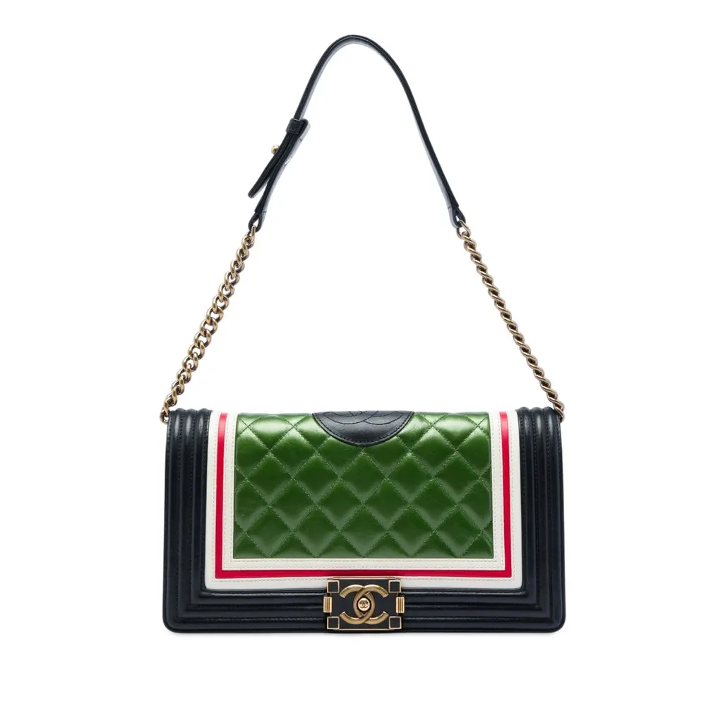Chanel Multicolor Quilted Lambskin Crest East West Boy Flap Green Leather Very good - Front View