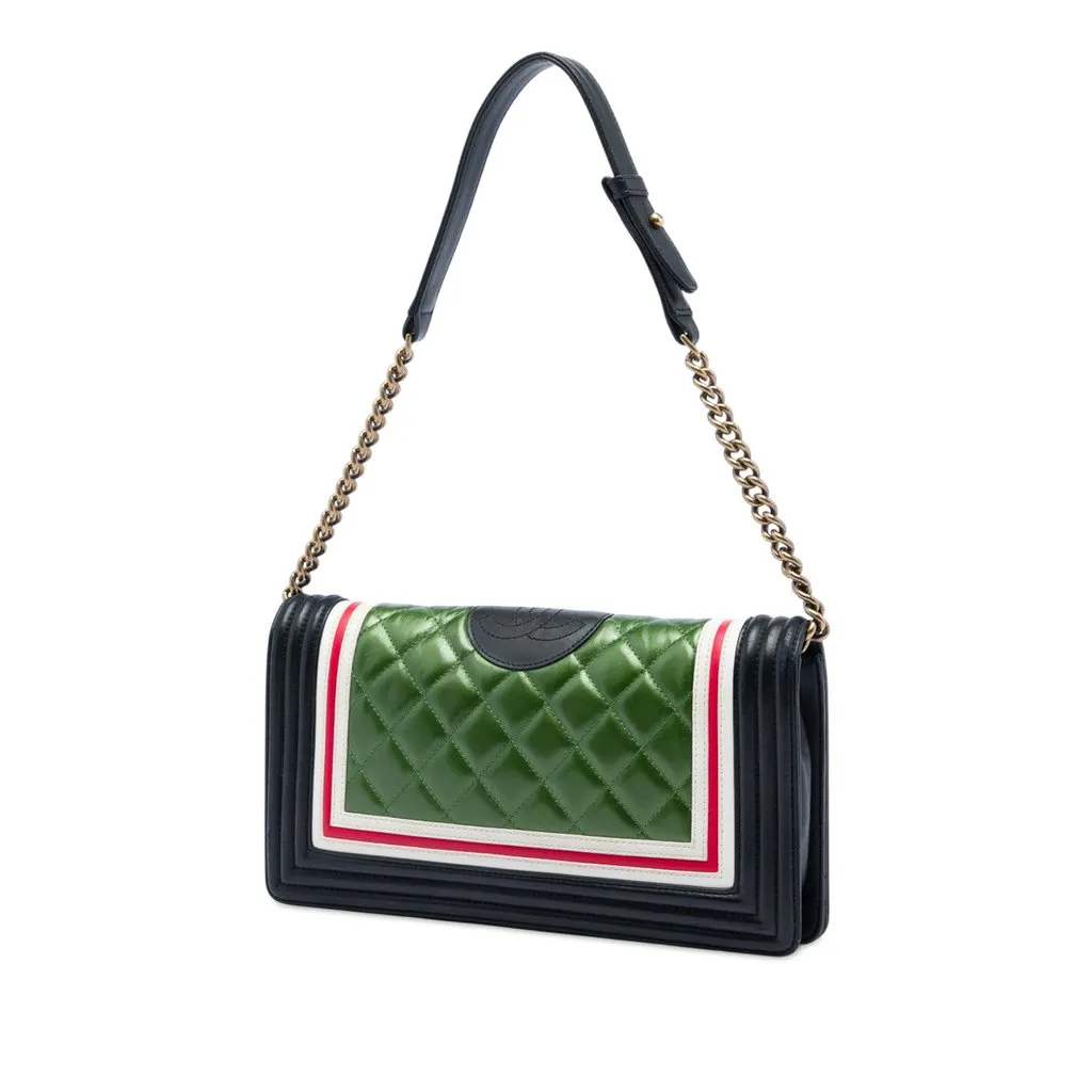 Chanel Multicolor Quilted Lambskin Crest East West Boy Flap Green Leather Very good - Back View