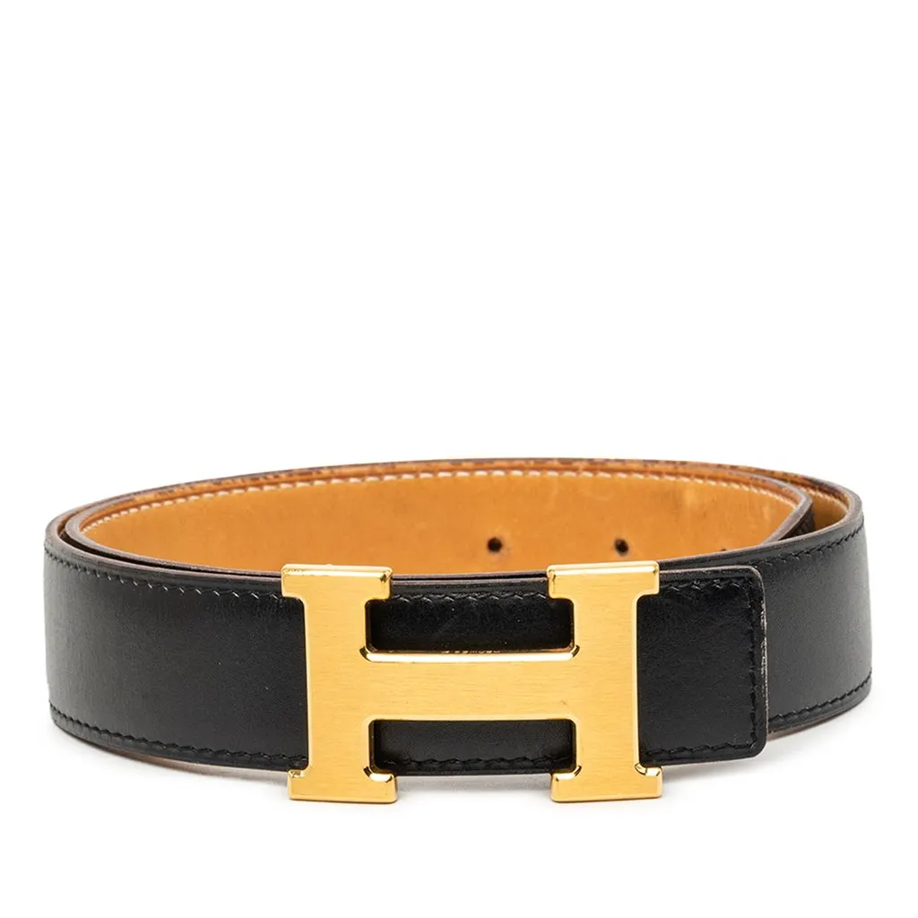 Hermès Box Calf and Courchevel Constance H Reversible Belt Black Leather Very good - Front View