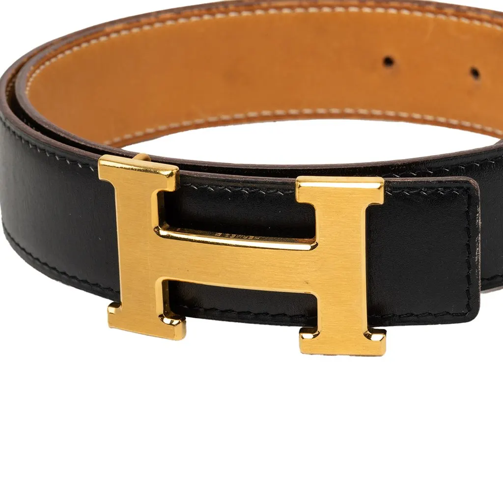 Hermès Box Calf and Courchevel Constance H Reversible Belt Black Leather Very good - Box View