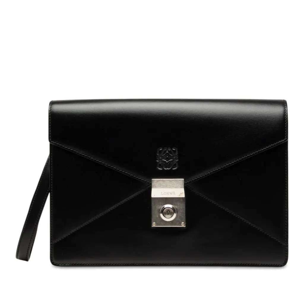 Loewe Leather Anagram Envelope Wristlet Clutch Black Leather Good - Front View
