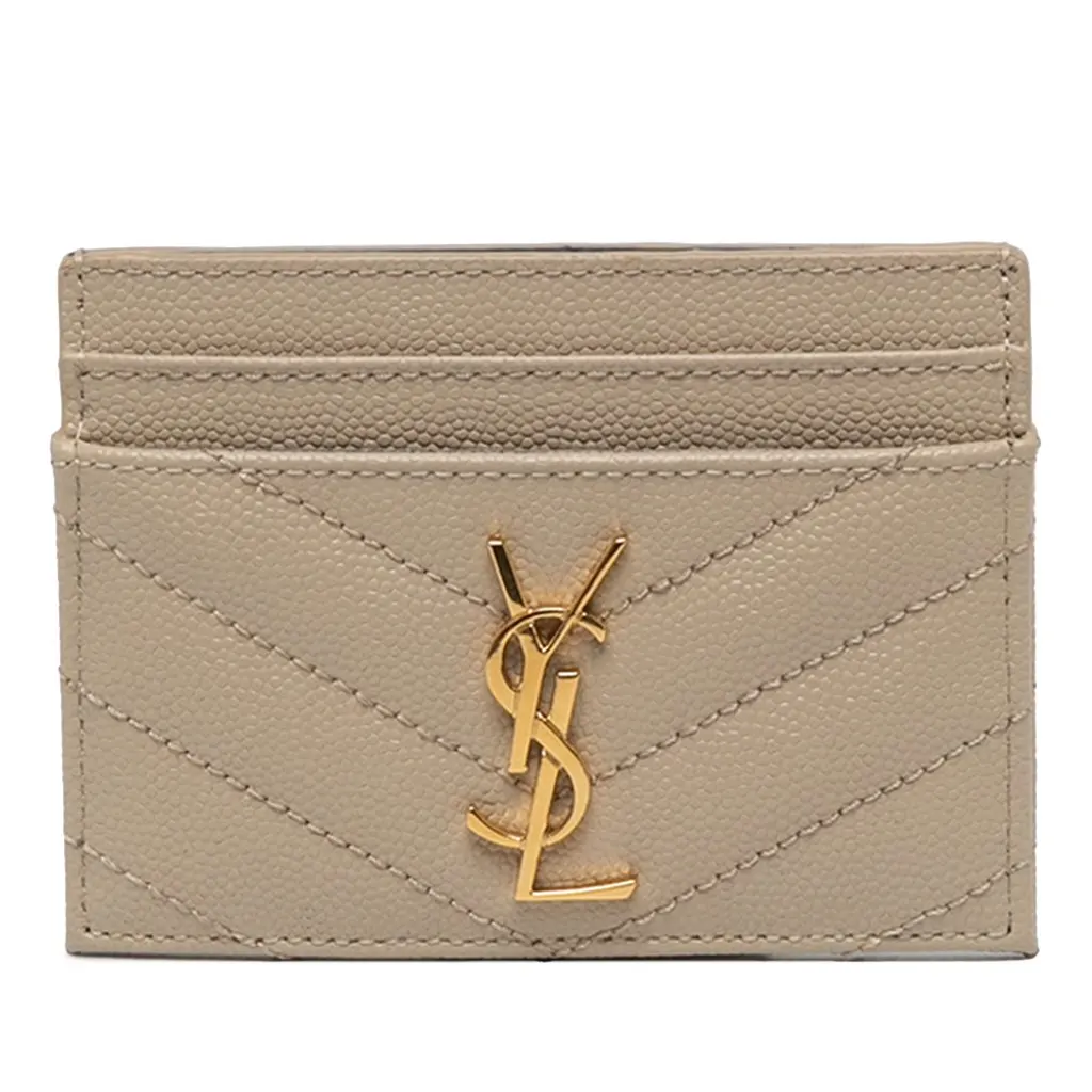 Saint Laurent Grain de Poudre Cassandre Matelasse Card Case Beige Leather Very good - Front View