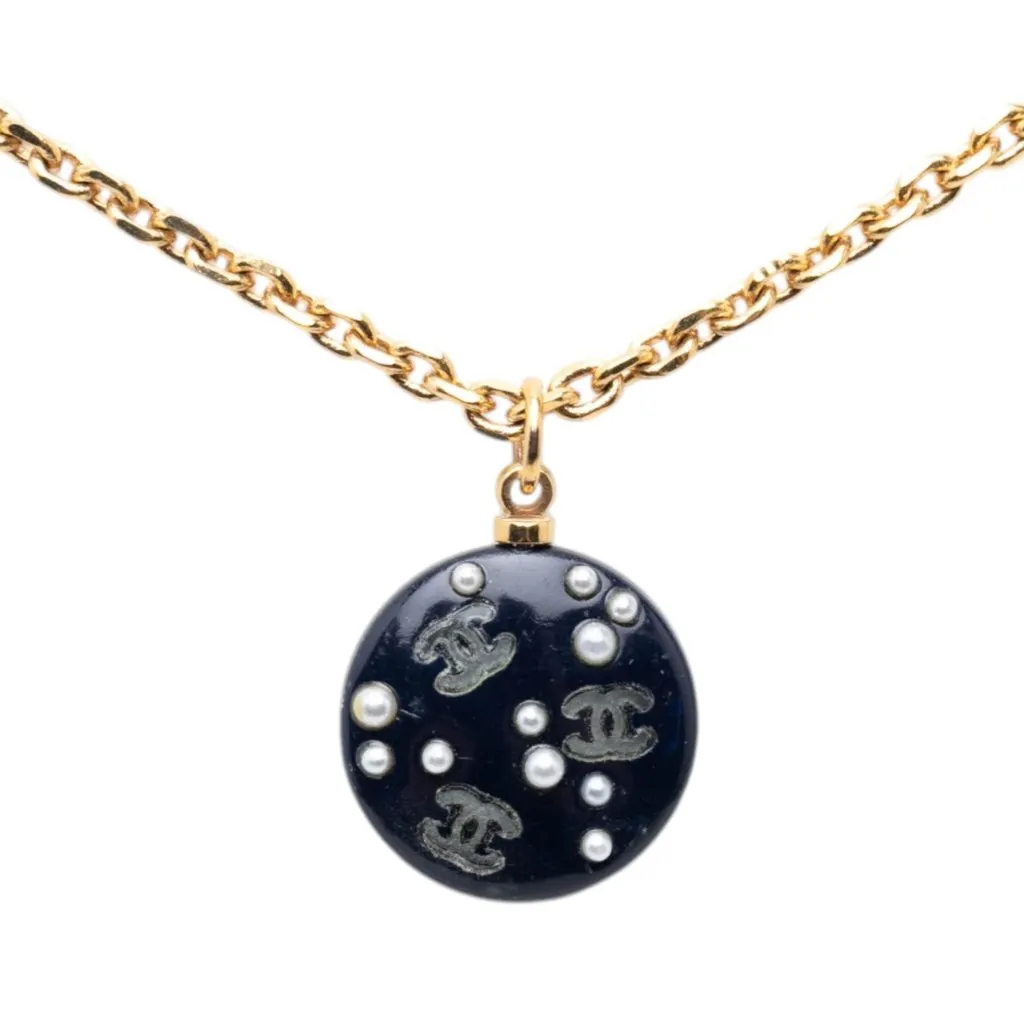 Chanel CC Gold Plated Resin and Faux Pearl Round Pendant Necklace Gold Metal Very good - Back View