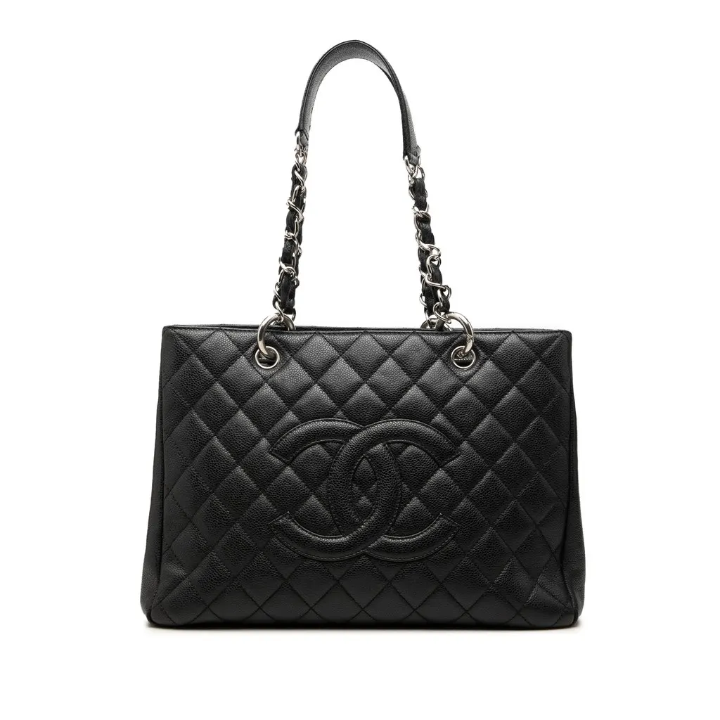 Chanel Caviar Grand Shopping Tote Black Leather Very good - Front View