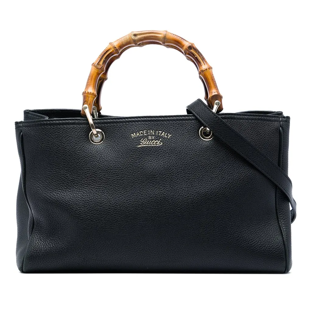 Gucci Medium Calfskin Bamboo Shopper Satchel Black Leather Very good - Front View