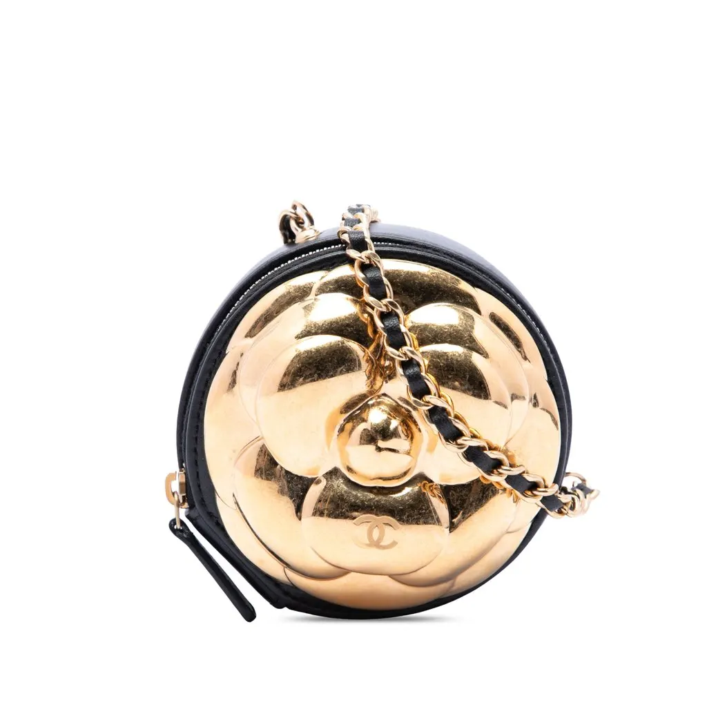 Chanel CC Lambskin and Metal Camellia Round Clutch with Chain Black Leather Very good - Front View