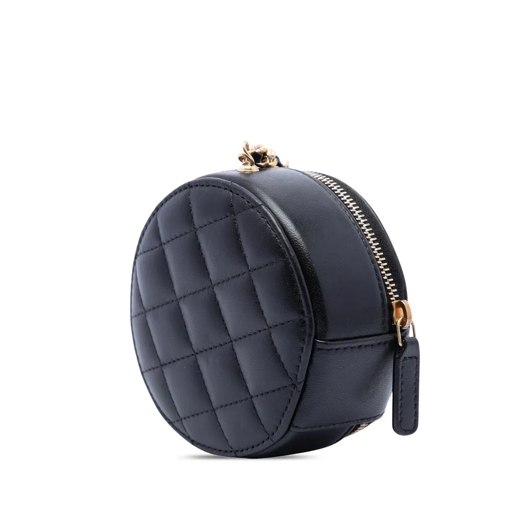 Chanel CC Lambskin and Metal Camellia Round Clutch with Chain Black Leather Very good - Back View