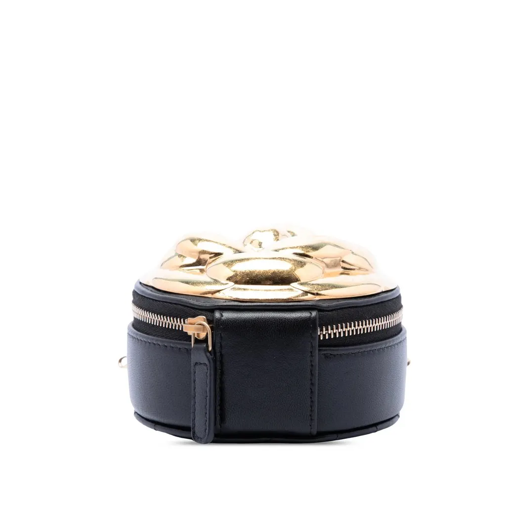 Chanel CC Lambskin and Metal Camellia Round Clutch with Chain Black Leather Very good - Inside View