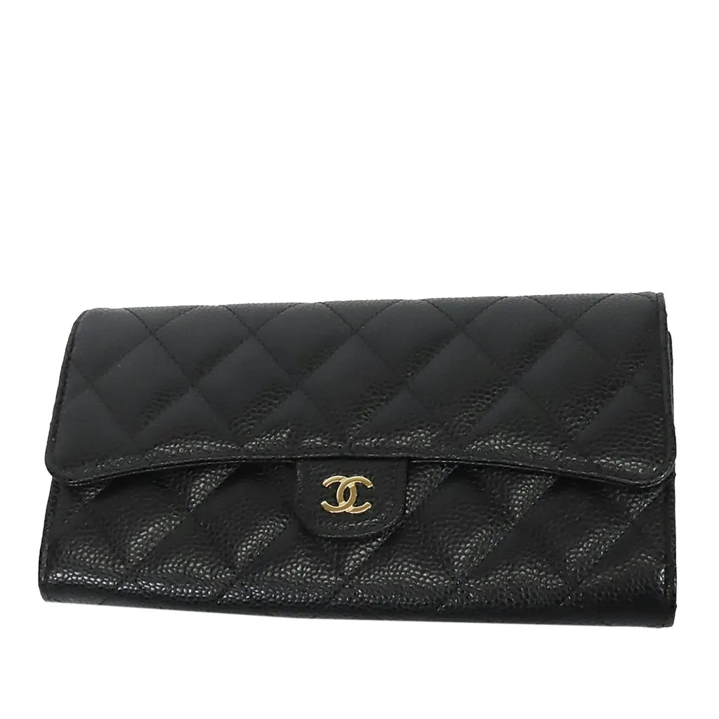 Chanel Classic Caviar Flap Wallet Black Leather Very good - Front View