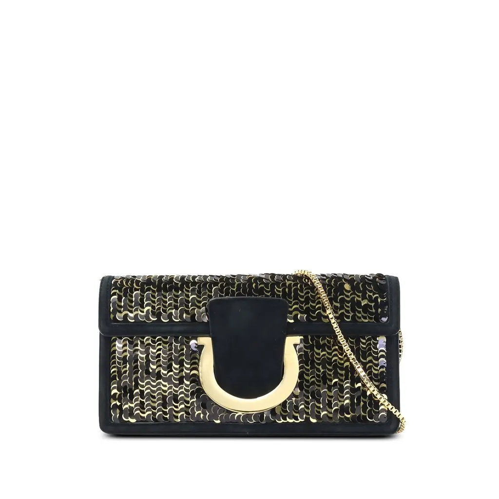 Salvatore Ferragamo Sequin Embellished Satin Gancini Thalia Shoulder Bag
