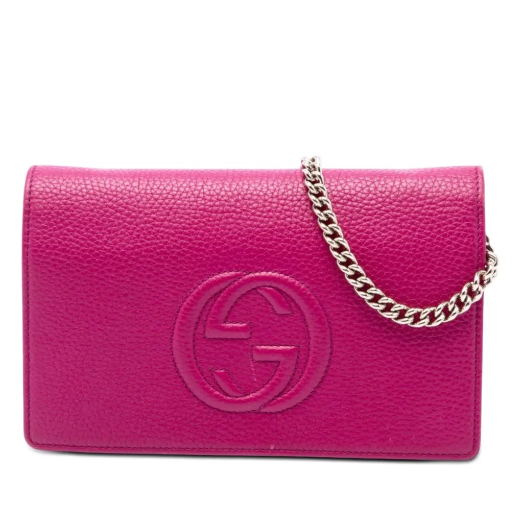 Gucci Pebbled Calfskin Soho Wallet On Chain Pink Leather Very good - Front View