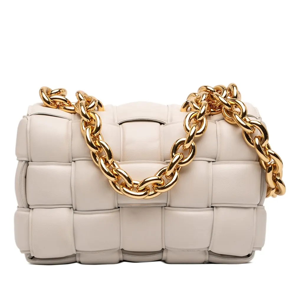 Bottega Veneta Nappa Intrecciato Padded Chain Cassette Satchel White Leather Very good - Front View