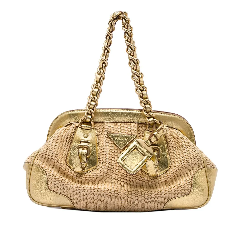 Prada Cinghiale Trimmed Paglia Shoulder Bag Gold Very good - Front View
