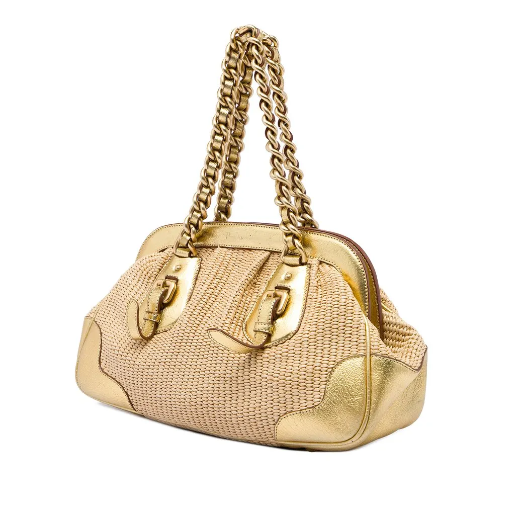 Prada Cinghiale Trimmed Paglia Shoulder Bag Gold Very good - Back View