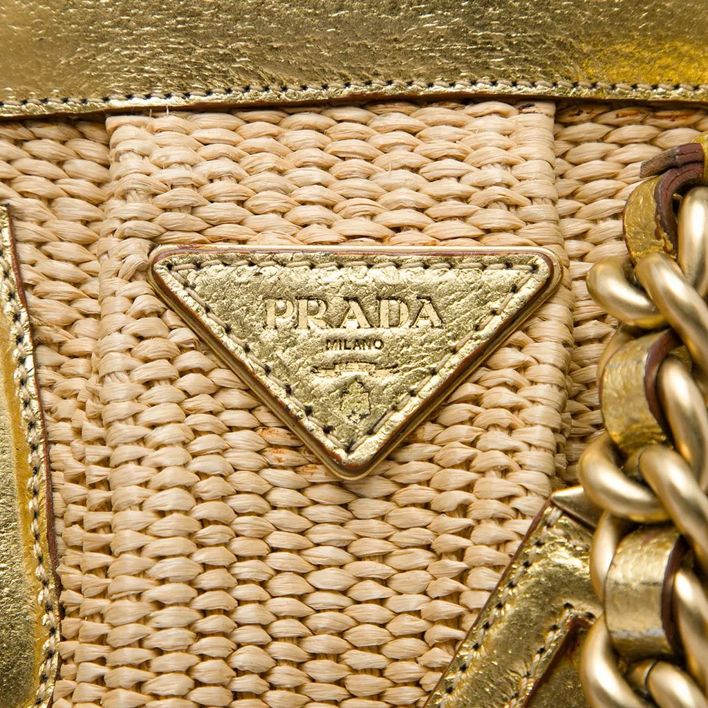 Prada Cinghiale Trimmed Paglia Shoulder Bag Gold Very good - Box View
