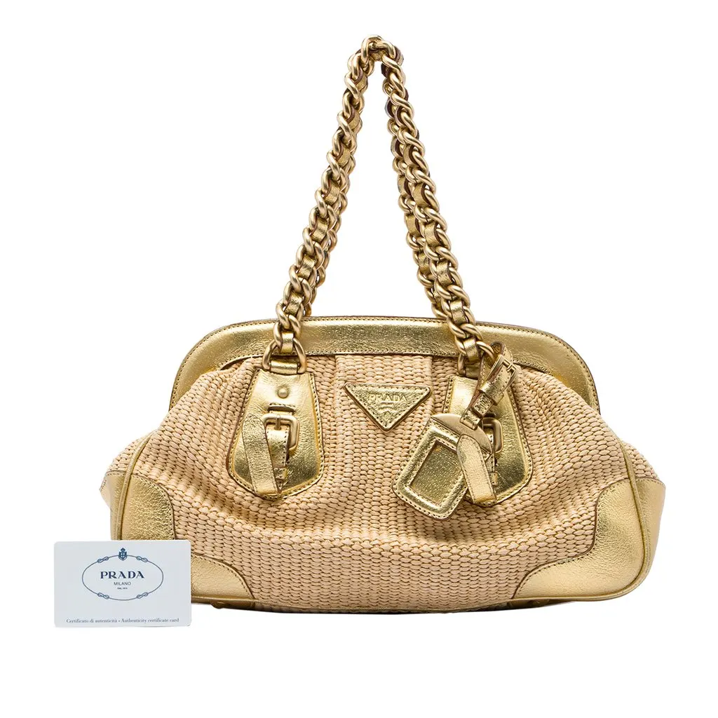 PRADA バッグ CINGHIALE Prada Cinghiale Trimmed Paglia Shoulder Bag Gold Large