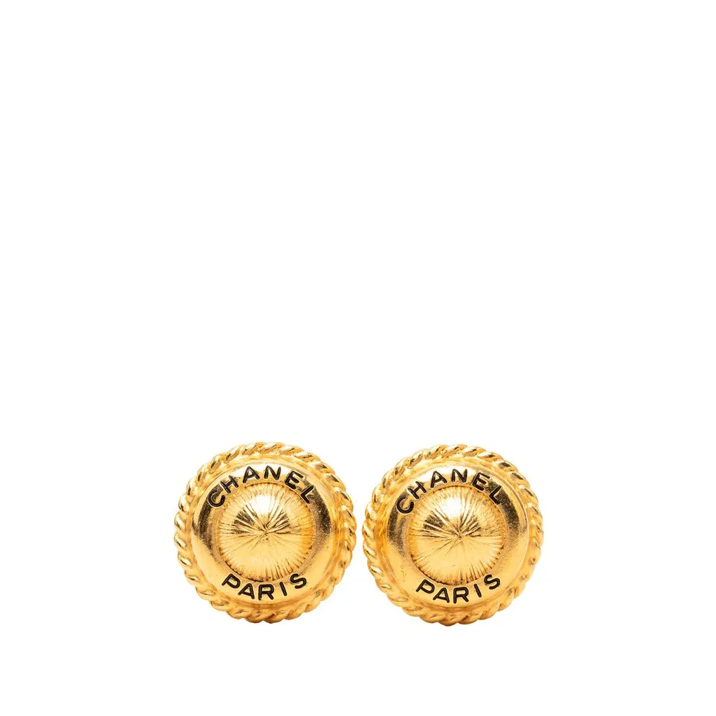 Chanel Gold Plated Logo Round Clip On Earrings Gold Metal Very good - Front View